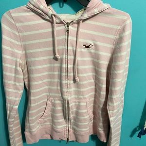 Hollister Pink and White Striped Zip Up
